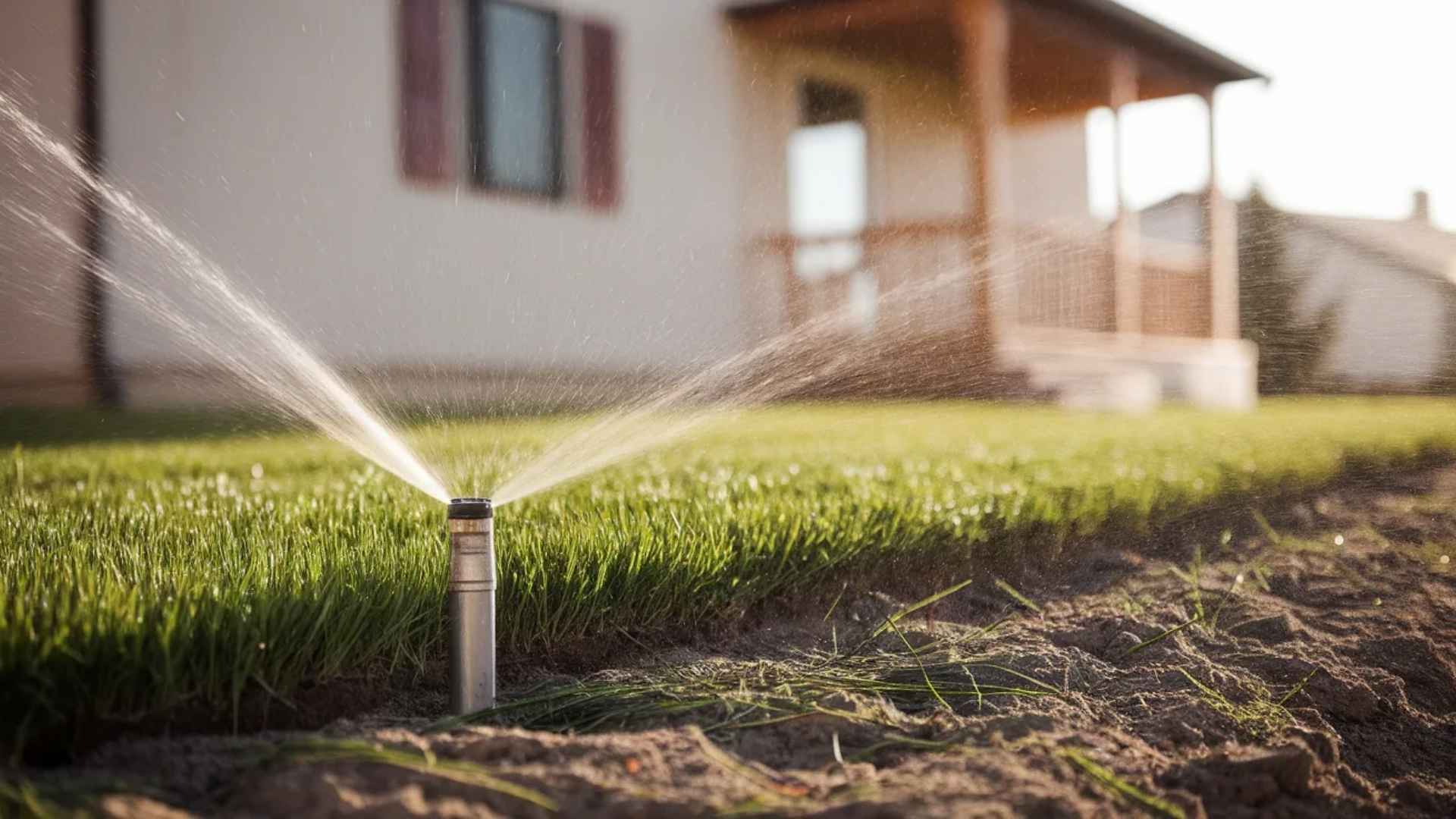 Lawn sprinkler watering grass evenly in a residential yard during early morning irrigation.