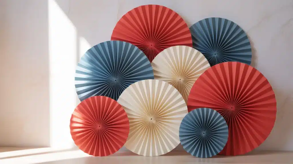 Layered red, white, and blue paper rosettes on a white wall for a Memorial Day DIY craft home decor display.