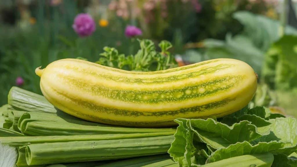 Lemon cucumber round and yellow with green striping resting on fresh garden leaves with a soft blurred garden background.