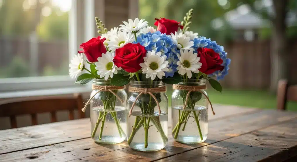 Mason jar centerpieces with red roses, white daisies, and blue hydrangeas on a rustic wooden table.
