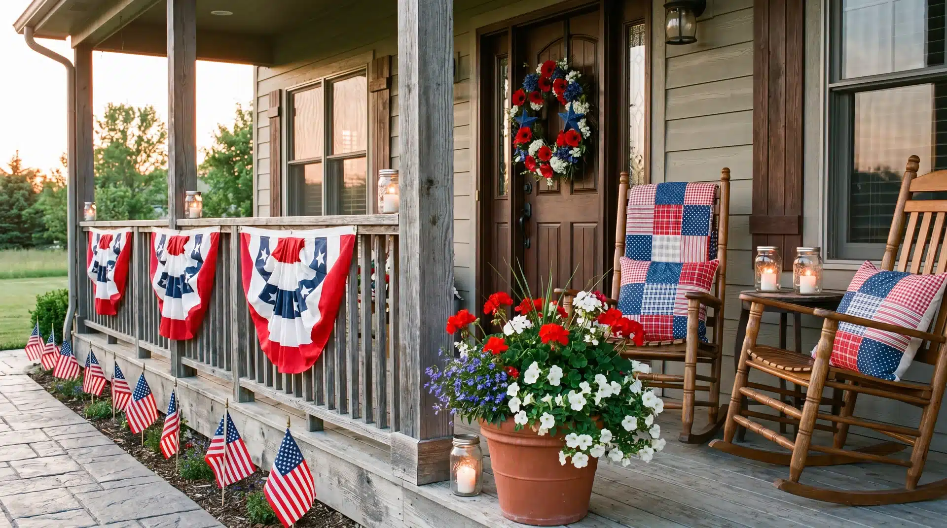 Memorial Day decorations on a front porch featuring red, white, and blue bunting, a poppy wreath, flags, and mason jar lanterns.