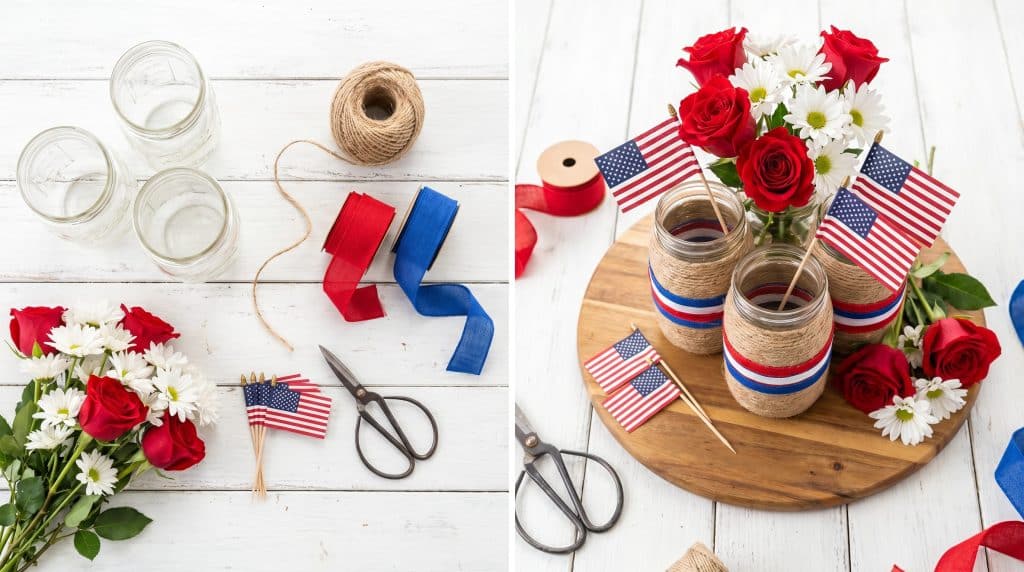 Memorial Day mason jar centerpiece with red, white, and blue ribbons, flowers, and flags.