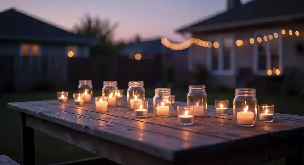 Memorial Day table centerpiece with candlelit mason jars on a wooden outdoor table at sunset.