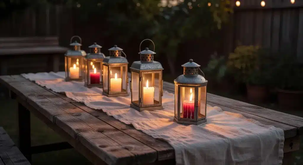 Memorial Day table centerpiece with lantern candles on a linen runner over a rustic outdoor wooden table.