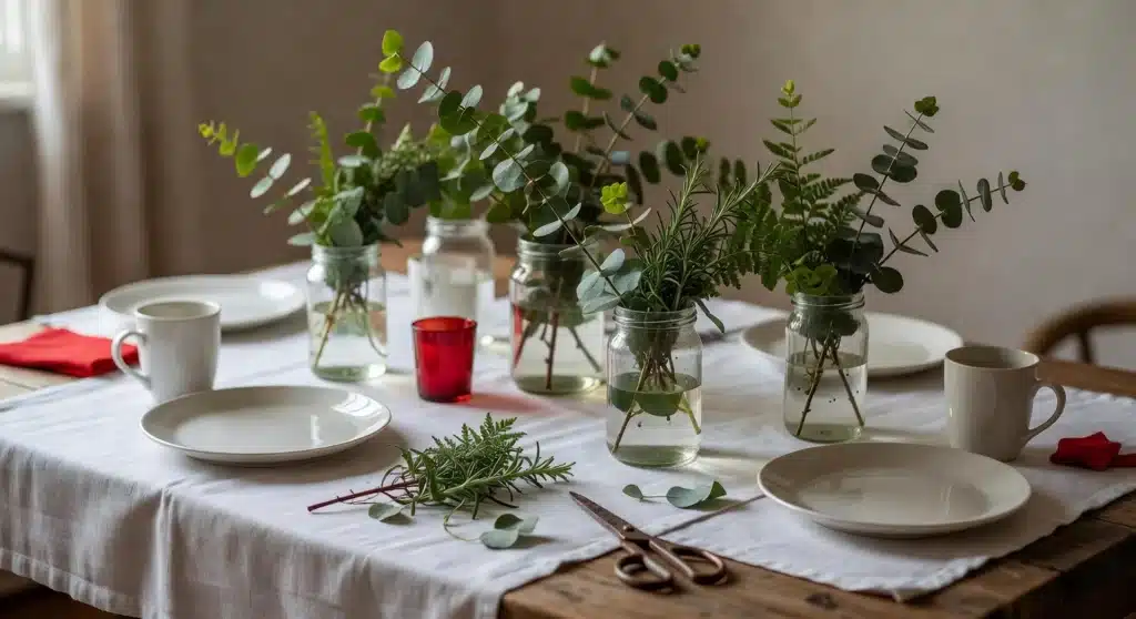 Memorial Day table centerpiece with mason jars of greenery on a white tablecloth and simple place settings.