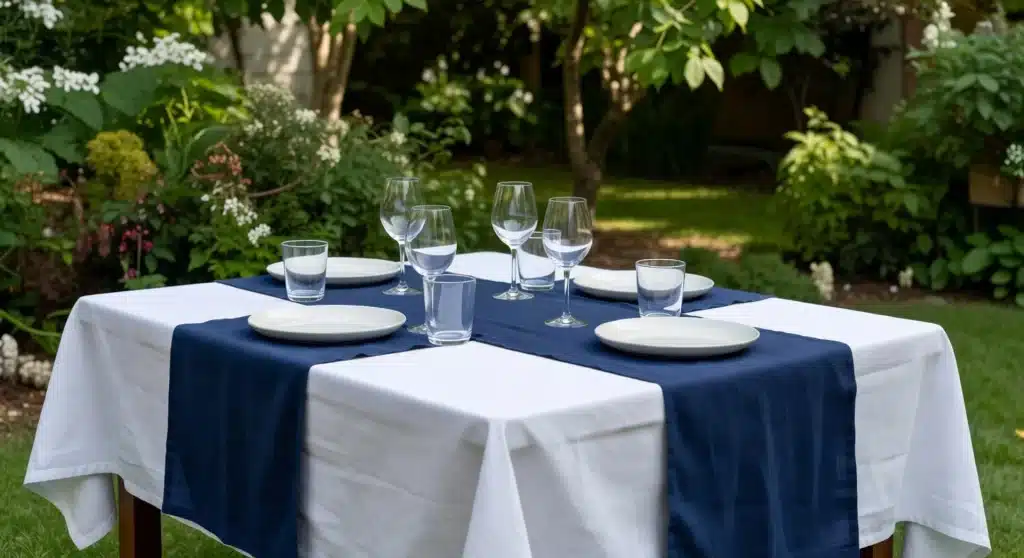 Memorial Day table centerpiece with navy runner on white tablecloth in outdoor garden setting.