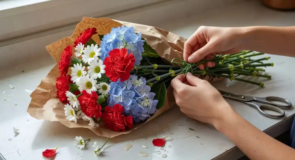 Memorial Day table centerpiece with red, white, and blue flowers being arranged by hand
