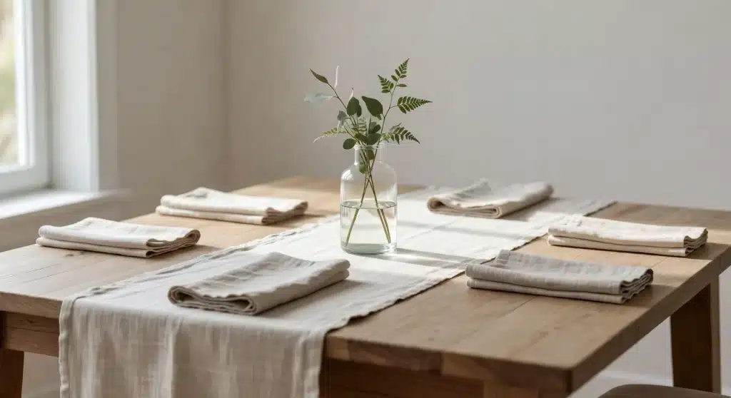 Memorial Day table centerpiece with simple greenery in a glass vase on a linen runner and a wooden table.