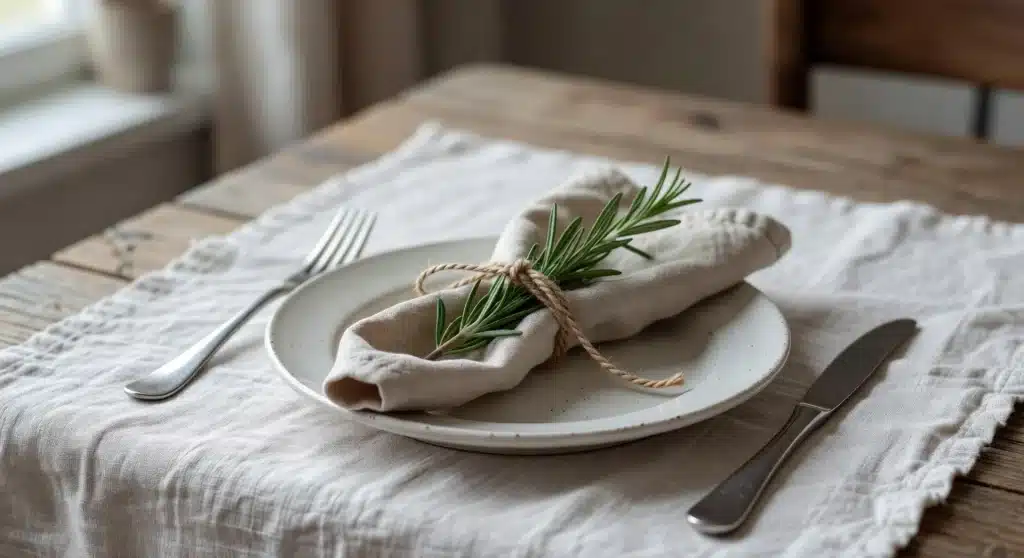 Memorial Day table centerpiece with simple place setting, linen napkin, and green sprig.