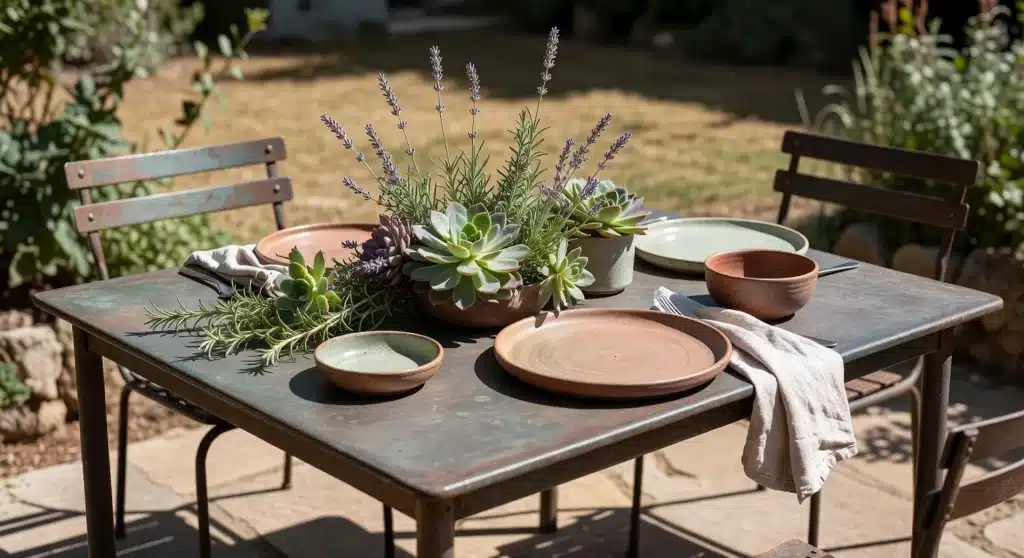 Memorial Day table centerpiece with succulents and greenery on rustic outdoor table setting.