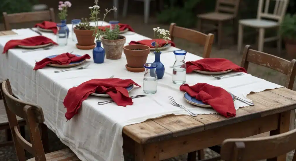 Memorial Day table centerpiece with white tablecloth, red napkins, and rustic outdoor place setting in the morning.