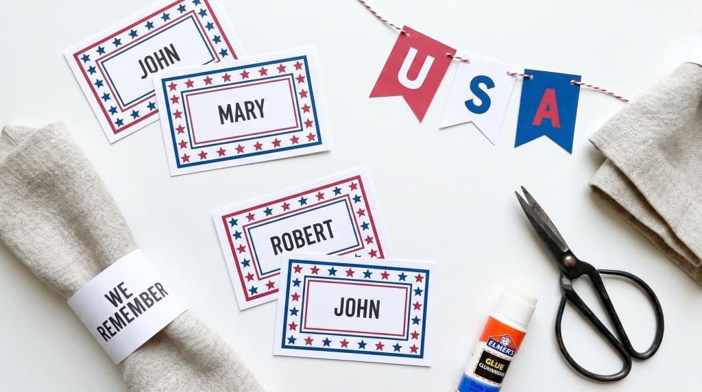 Memorial Day-themed printable place cards and napkin rings for table setting.