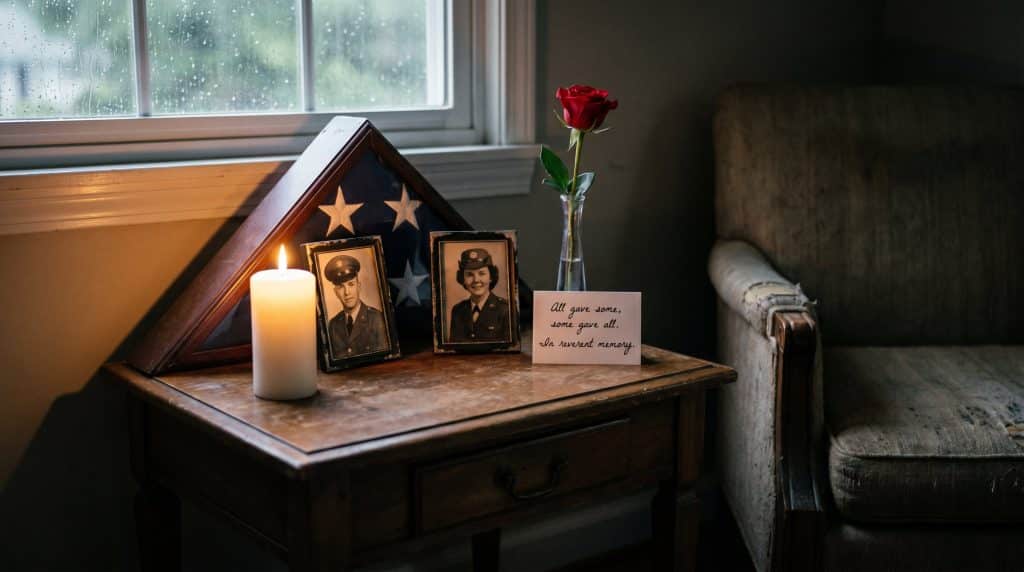 Memorial Day tribute with candles and framed veteran photos on a table.