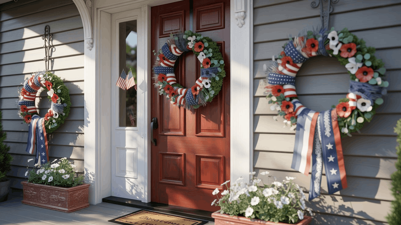 Memorial Day wreath display on front porch with natural lighting and respectful decor.