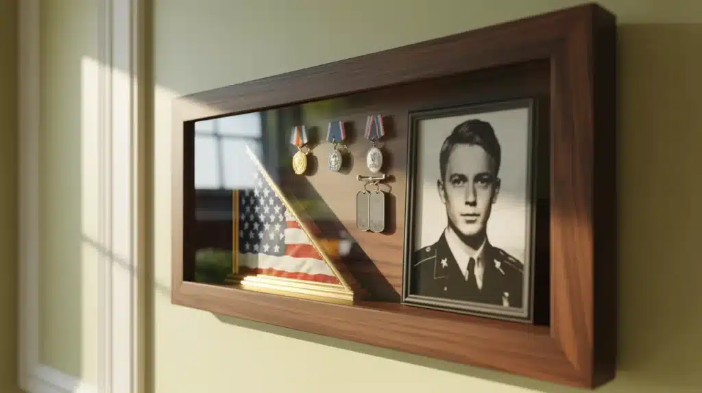 Memorial shadow box with folded flag, medals, dog tags, and military photo on a wall for Memorial Day home tribute