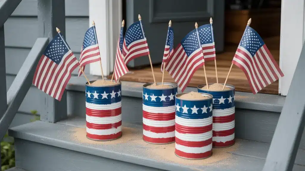 Painted tin can flag holders with small American flags on a porch step for Memorial Day DIY craft home decor.
