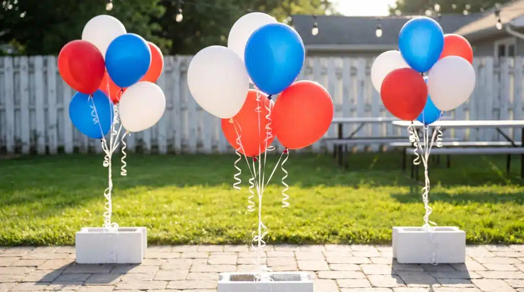 Red, white, and blue balloon clusters anchored on a backyard patio for a festive Memorial Day outdoor home gathering