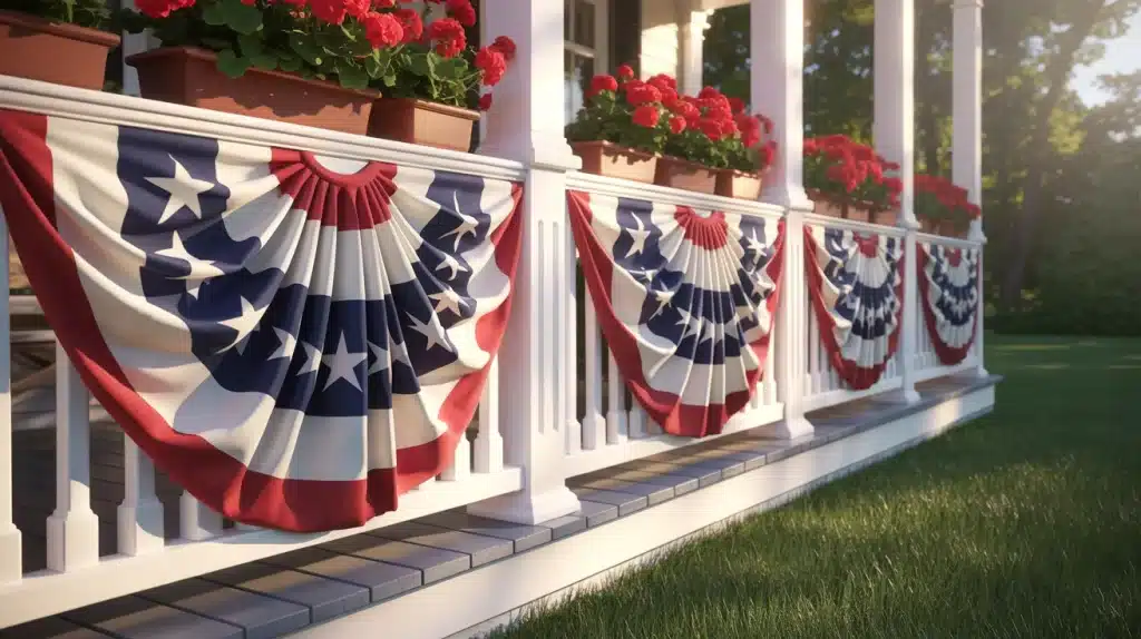 Red, white, and blue fabric bunting hung along a white porch railing for Memorial Day home decor and patriotic display.