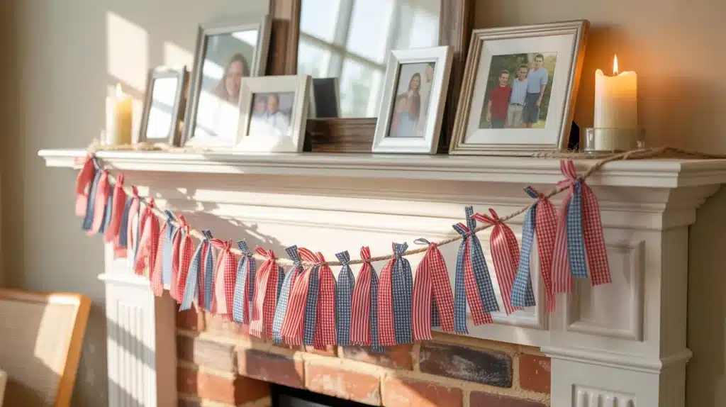 Red, white, and blue fabric ribbon garland tied on jute twine across a white mantel for Memorial Day home decor.
