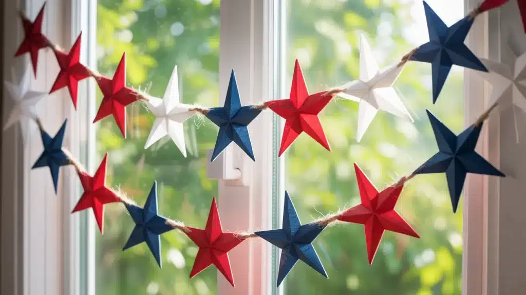Red, white, and blue paper star banner on twine hanging across a sunny kitchen window for Memorial Day home craft decor.