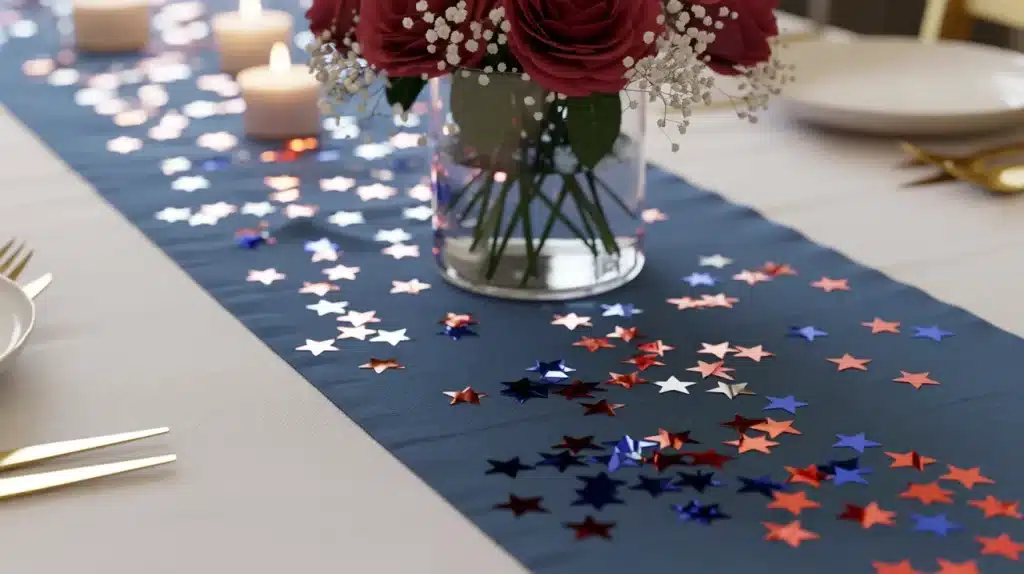 Red, white, and blue paper star confetti scattered on a navy table runner with a flower vase for Memorial Day table decor.