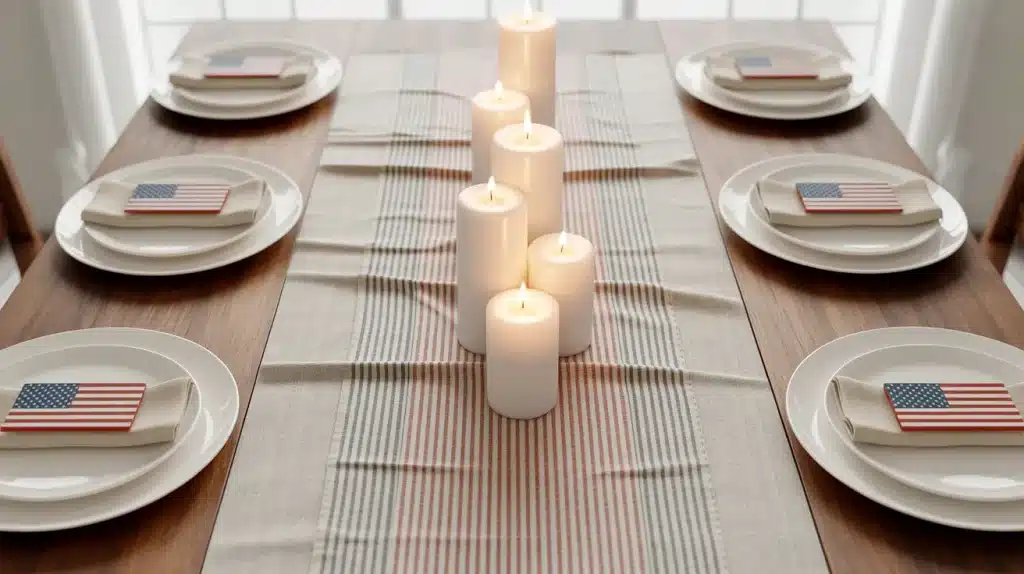 Red, white, and blue striped table runner over cream cloth on a farmhouse dining table for Memorial Day home decor