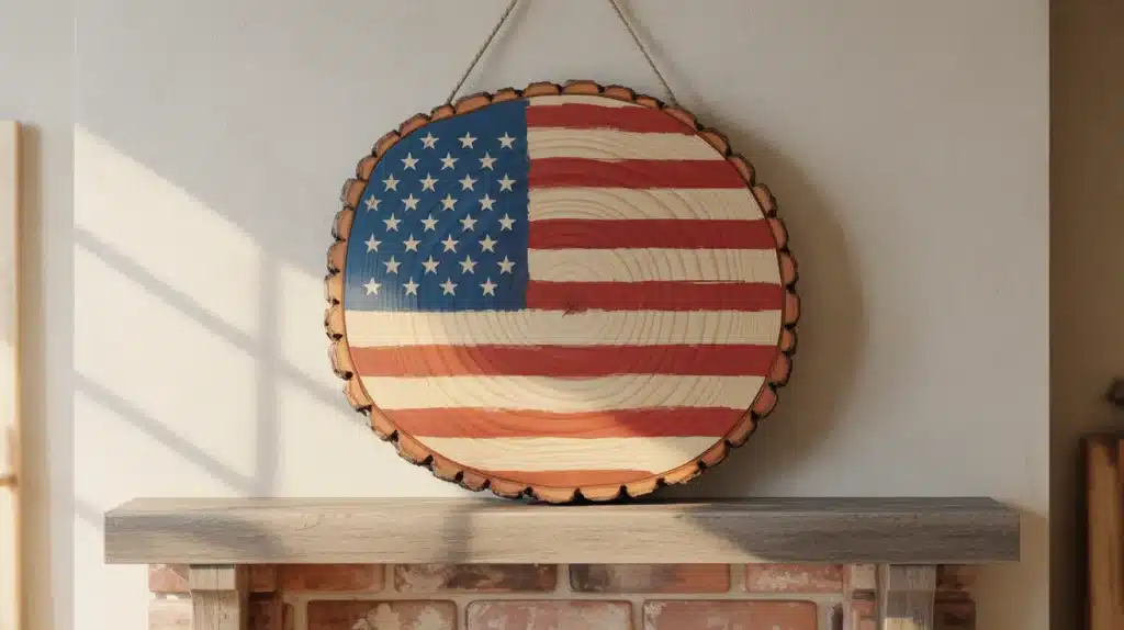 Round pine wood slice hand-painted with an American flag and stars hanging above a fireplace for Memorial Day home decor