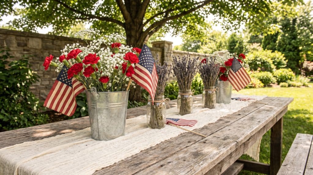 Rustic farmhouse table with red flowers, mason jars, and American flags for Memorial Day.