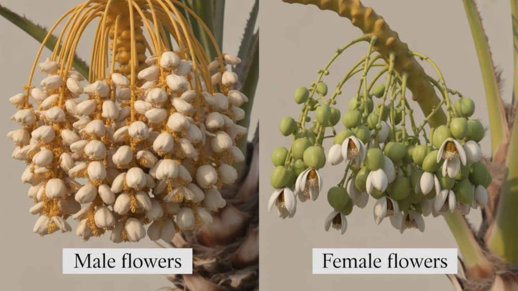 Side-by-side comparison of male and female date palm flowers, showing dense creamy-white male blooms and female clusters with small green developing fruits.