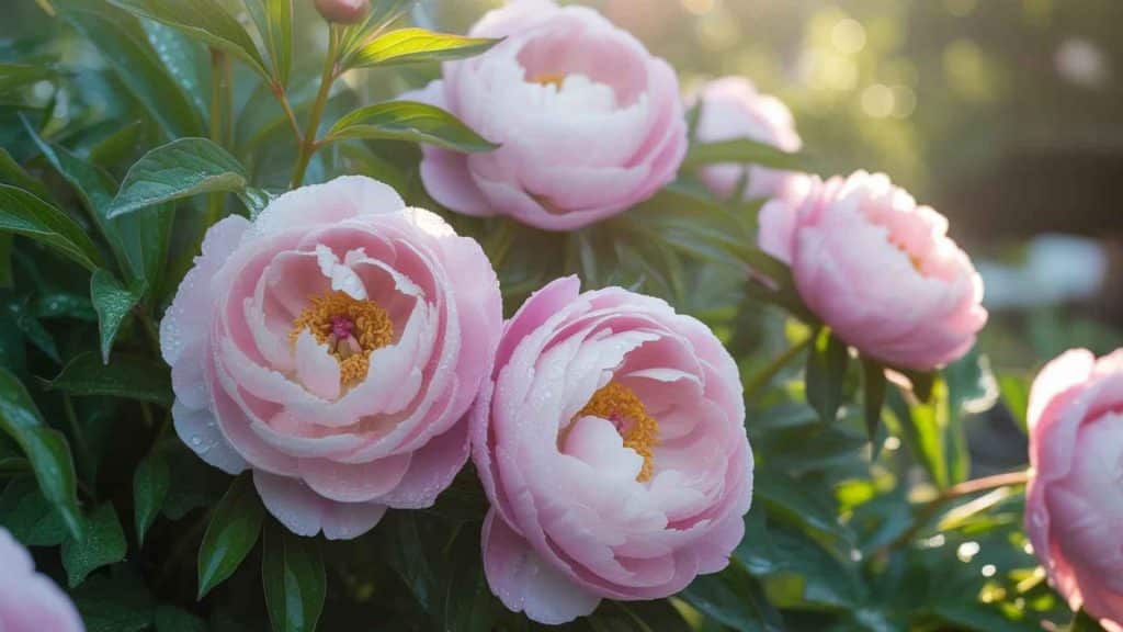 Soft pink peony flowers blooming in a garden with green foliage and morning sunlight filtering through the leaves.