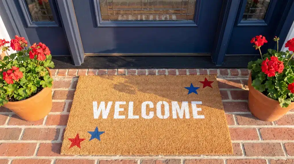 Stenciled coir Welcome doormat with red, white, and blue stars in front of a navy door for Memorial Day porch home decor.