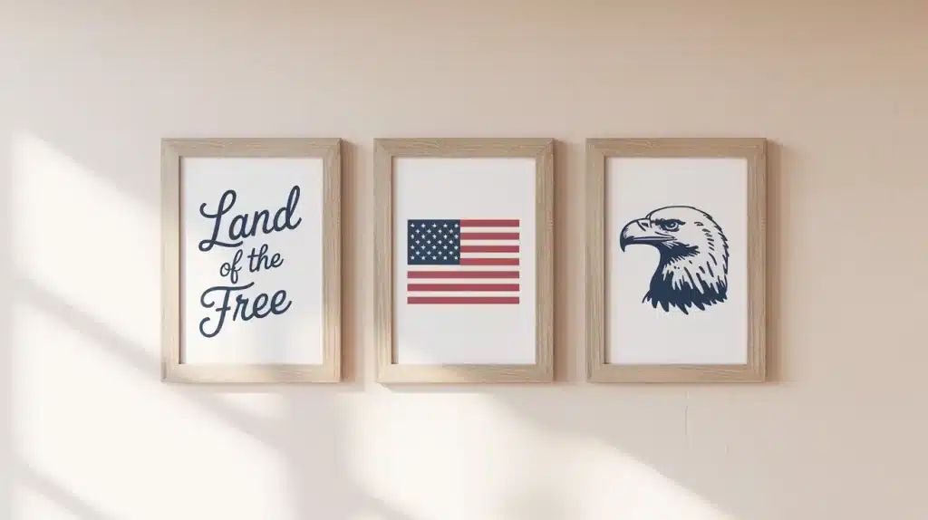 Three framed printable patriotic wall art pieces with flag and quote designs on a cream wall for Memorial Day home decor
