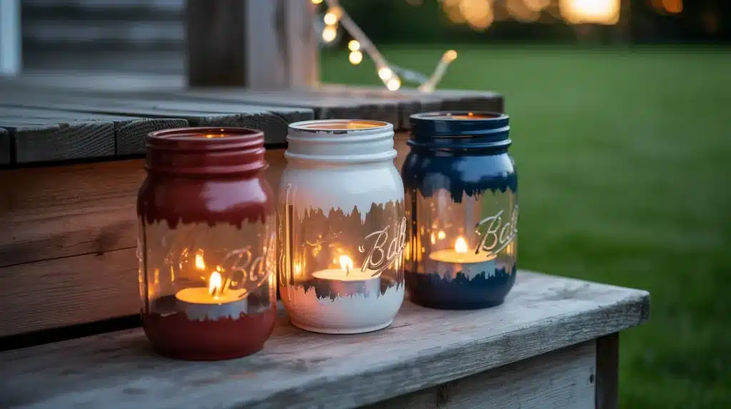 Three painted red, white, and blue mason jar lanterns with tea lights on a wooden porch step for Memorial Day evening decor.