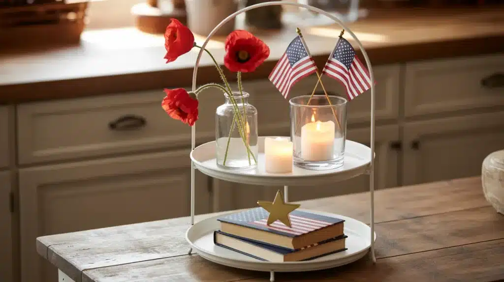 Three-tier metal tray styled with mini flags, a candle, red poppies, and books on a kitchen sideboard for Memorial Day decor