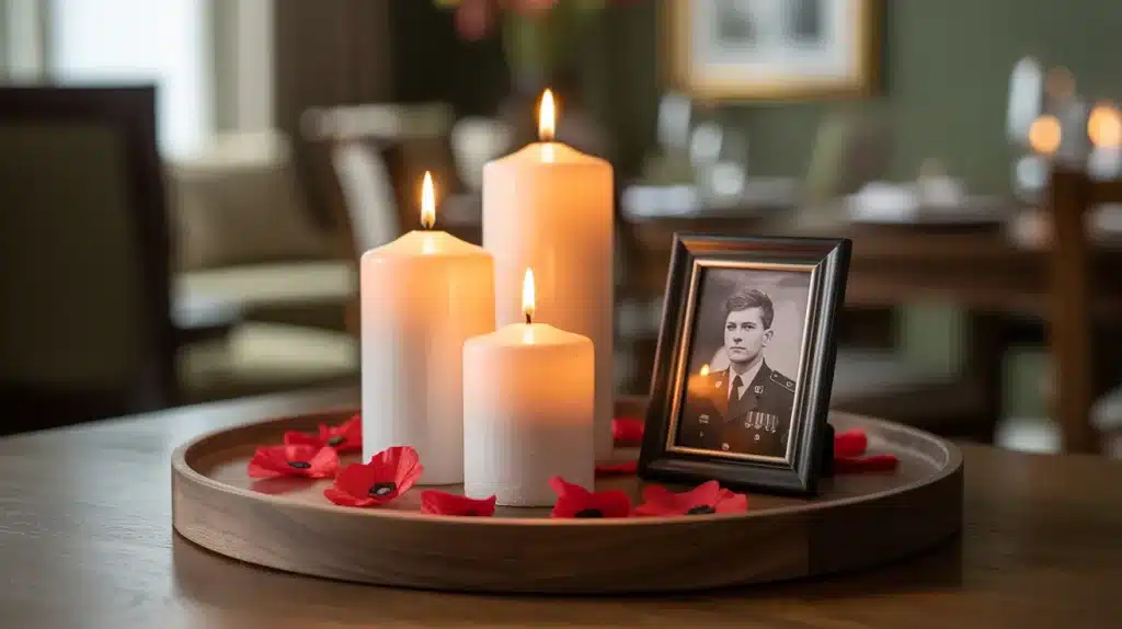 Three white pillar candles on a wooden tray with a framed military photo for a Memorial Day tribute table centerpiece.