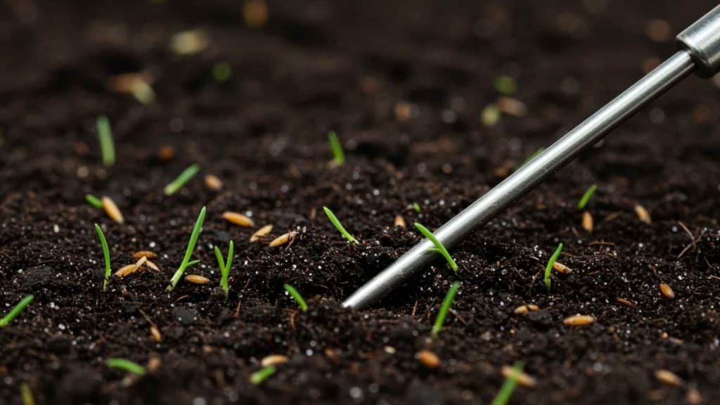 Using a soil thermometer to measure temperature in a freshly prepared garden bed before planting grass seed.