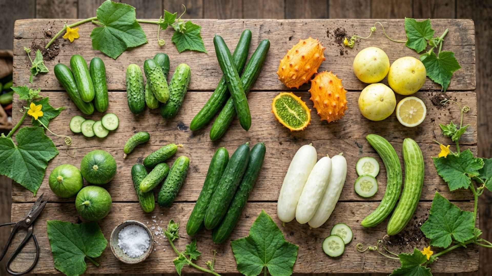Variety of cucumbers including Japanese Persian English Kirby Armenian lemon and African horned cucumber arranged on a rustic wooden surface with leaves and garden tools.