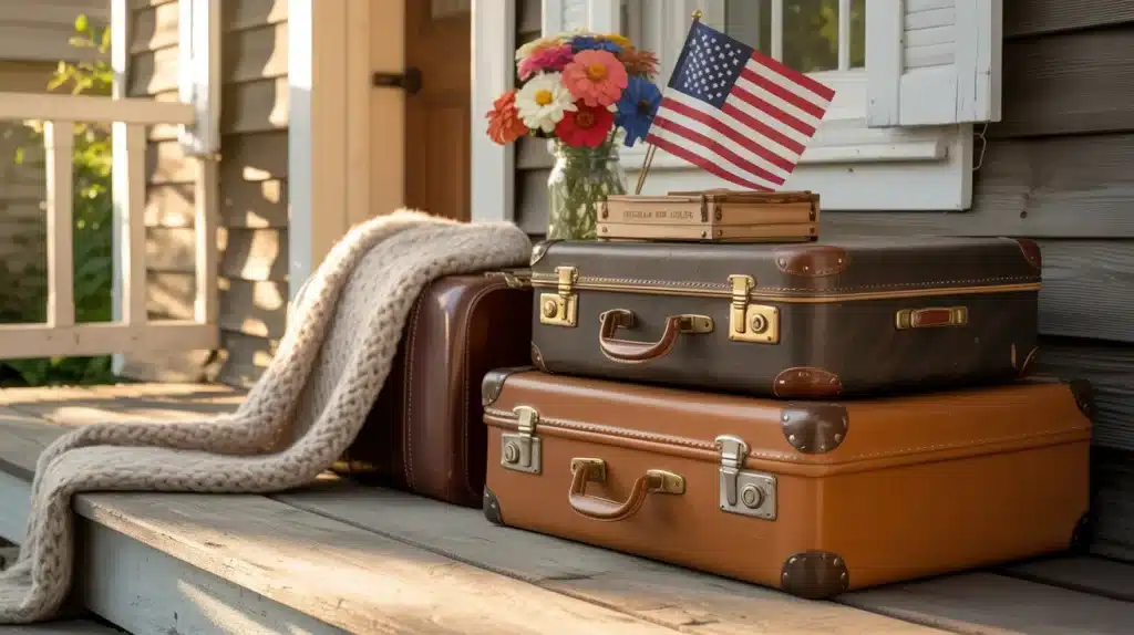 Vintage stacked leather suitcases with American flag and red, white, and blue flowers on a front porch for Memorial Day decor