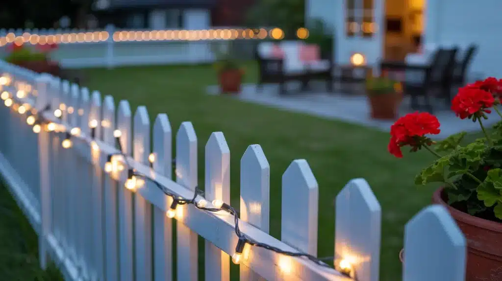 Warm white string lights on a white picket fence at twilight for a cozy Memorial Day outdoor home gathering