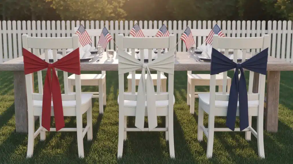 White outdoor dining chairs tied with red, white, and blue ribbon sash bows on the backs for Memorial Day outdoor home decor