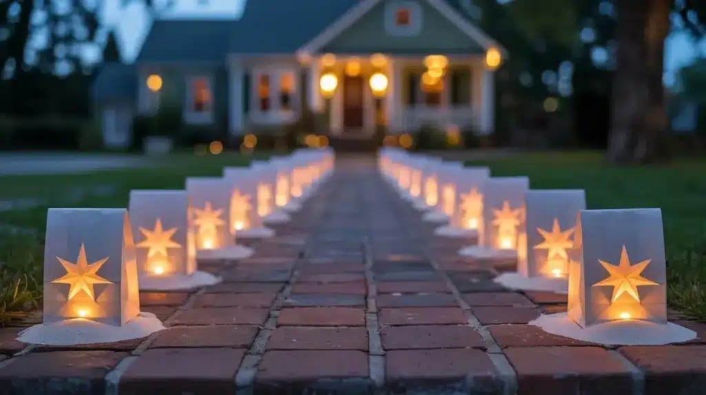White paper bag luminaries with star cutouts glowing along a brick walkway at dusk for Memorial Day evening home decor