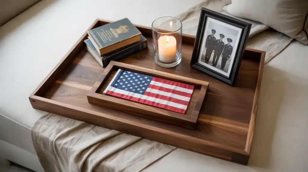 Wooden coffee table tray with folded flag, white candle, and family military photo for a Memorial Day home tribute vignette