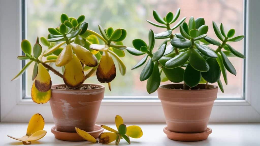 comparison of healthy jade plant and one with yellowing leave