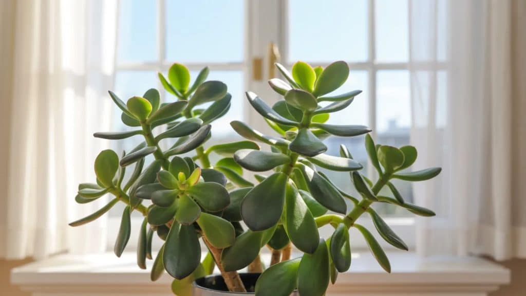 jade plant getting bright indirect light on a windowsill