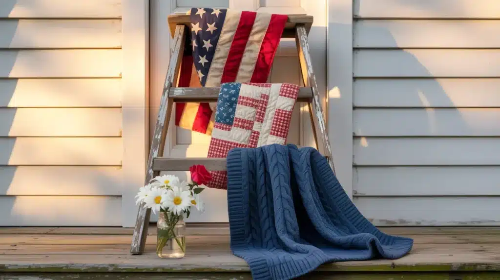 tone walkway lined with mini American flags leading to a home for a Memorial Day patriotic outdoor display