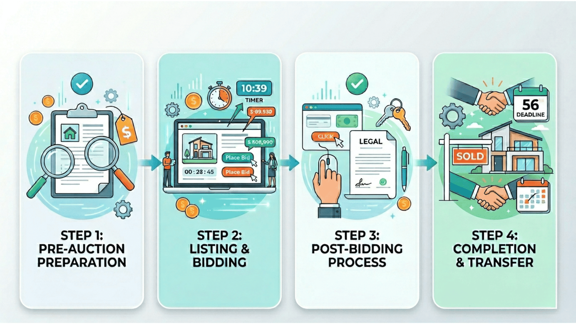 4-step real estate auction process pre-auction prep, listing and bidding, legal post-bid process, and sale completion.