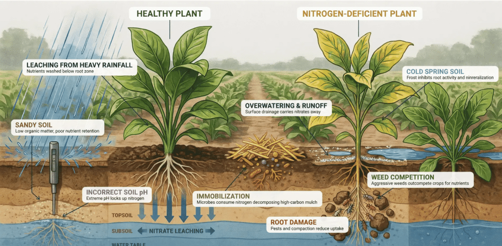 Image detailing common causes of nitrogen deficiency in plants, including soil, water, and competition factors.