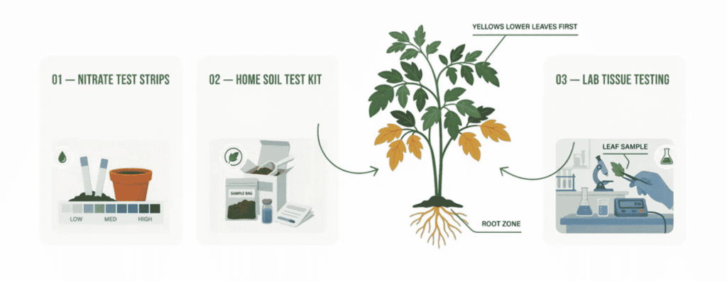Image illustrating methods to test for nitrogen deficiency using strips, soil kits, and lab tissue analysis