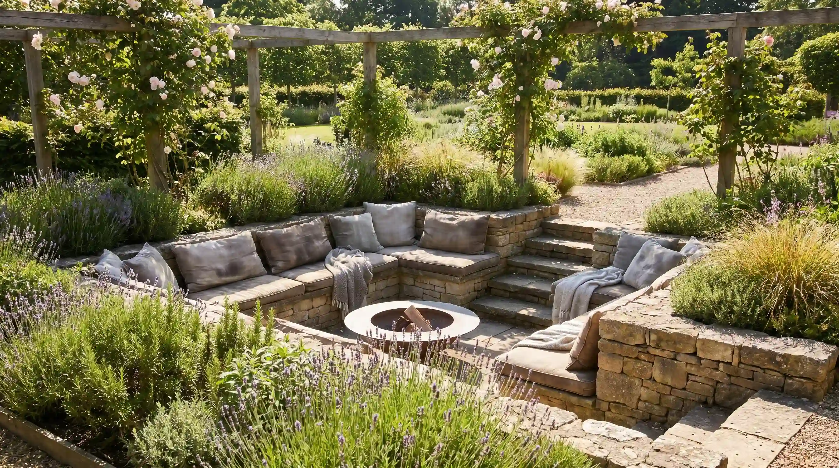 A tiered garden layout applied to a flat yard, using retaining walls to introduce elevation changes and planting variety.
