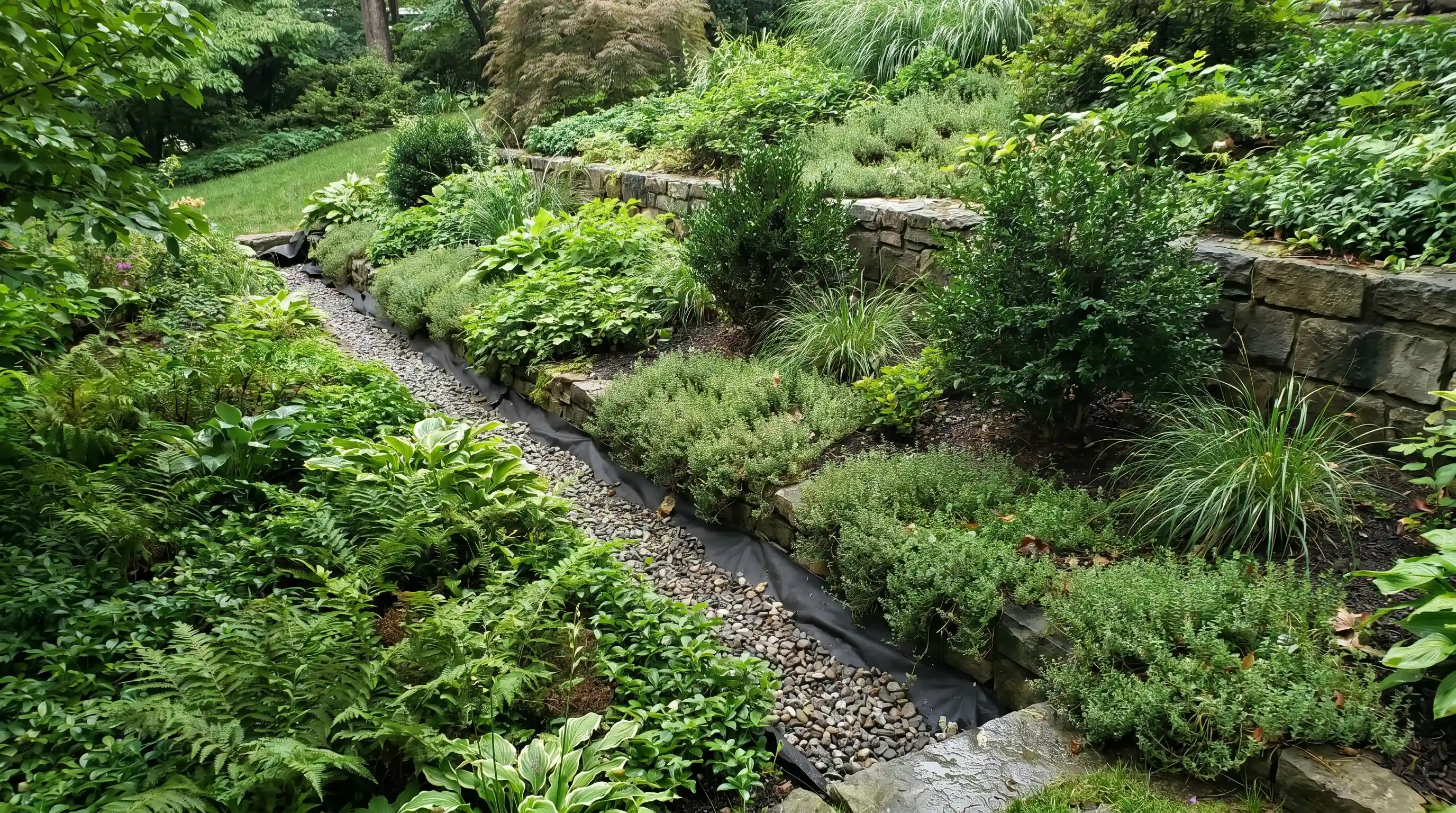 Terraced plants in a downward sloping garden with layered greenery and a small rock drainage path running along.